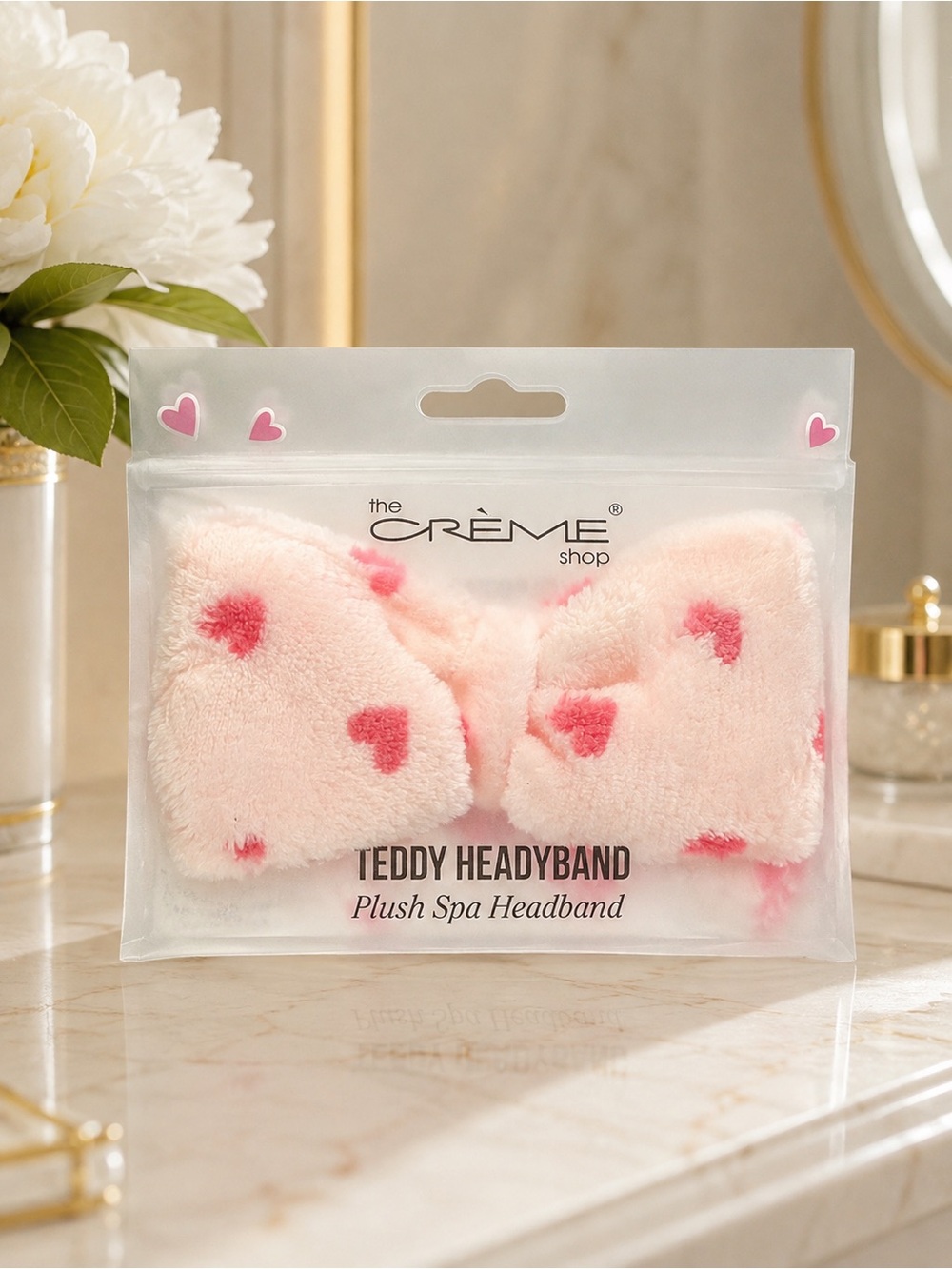 The Crème Shop Teddy Headband Pink Hearts Plush Spa Skincare Hair Bow